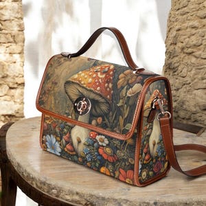 Joli sac cartable en toile de sorcière Cottagecore, cadeau de la Saint-Valentin, sac à main bandoulière champignon pour femme, sac goth en cuir végétalien, cadeau bohème hippies
