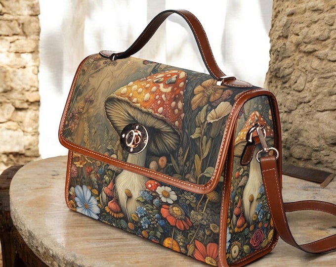 Cute Cottagecore witch Canvas Satchel bag Valentine's Day Gift, women mushroom crossbody purse, vegan leather goth bag, hippies boho gift