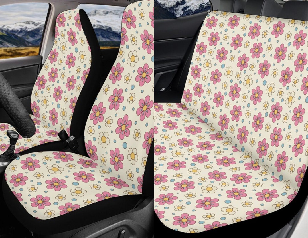 Cute Daisy Pink Flower Car Seat Covers, Cottagecore Cute Beige Colorful