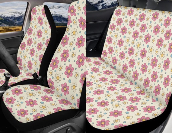 Cute Daisy Pink Flower Car Seat Covers, Cottagecore Cute Beige colorful Floral Front Bucket Seat Cover For Car Vehicle, Nature seat cover
