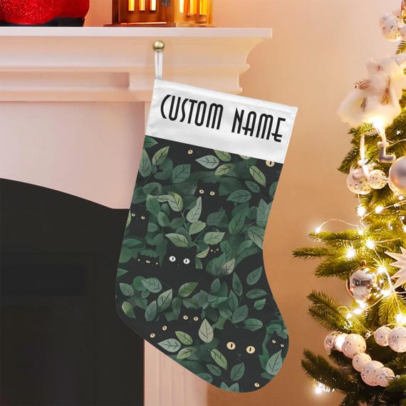 Custom Christmas Stocking, Cute Black Cat in Green Leaves, Cottagecore Goblincore Christmas Stocking, dark academia witchy gift
