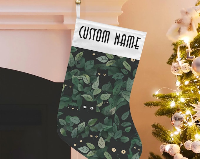 Custom Christmas Stocking, Cute Black Cat in Green Leaves, Cottagecore Goblincore Christmas Stocking, dark academia witchy gift