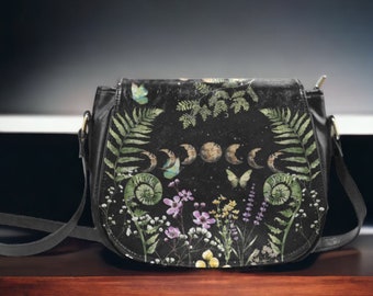 Cottagecore Moon Phases Witchy Vegan lederen zadeltas, Witchy grillige bloemen gekruiste body portemonnee vrouwen, heks goth tas voor elke gelegenheid
