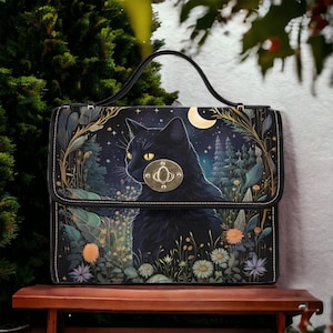 Cottagecore Boho Witch Canvas Satchel bag, Witchy Black Cat animal crossbody purse, cute black strap hand bag, hippies boho gift purse