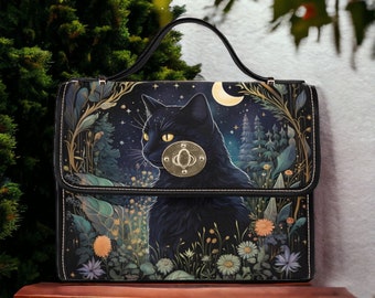 Cottagecore Boho Witch Canvas Satchel bag, Witchy Black Cat animal crossbody purse, cute black strap hand bag, hippies boho gift purse
