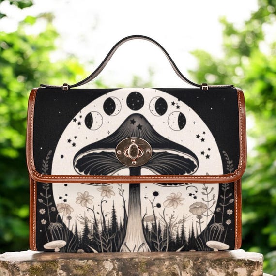 Cottagecore Moon Canvas Satchel Bag, Cute Women Mushroom  display picture 1