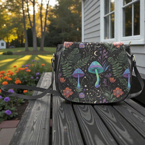 Mushrooms Celestial Ferns crossbody saddle bag, Witchy Cottagecore Vegan leather shoulder bag, Dark academia crossbody bag, boho hippie gift