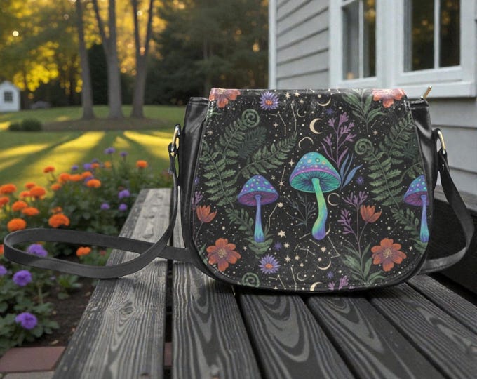 Mushrooms Celestial Ferns crossbody saddle bag, Witchy Cottagecore Vegan leather shoulder bag, Dark academia crossbody bag, boho hippie gift