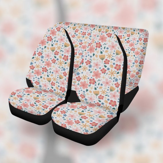 Flower Power Car Seat Covers, Cottagecore Cute Green colorful Floral Front Bucket Seat Cover For Car Vehicle, Nature seat cover
