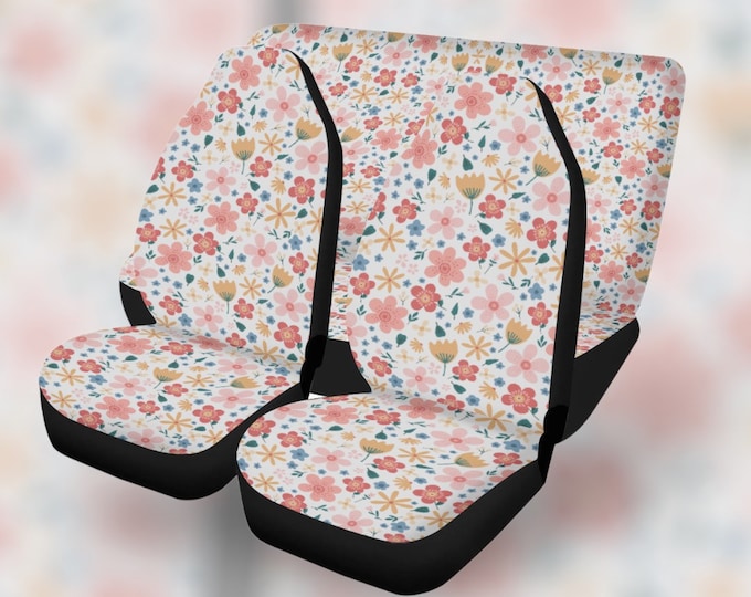 Flower Power Car Seat Covers, Cottagecore Cute Green colorful Floral Front Bucket Seat Cover For Car Vehicle, Nature seat cover