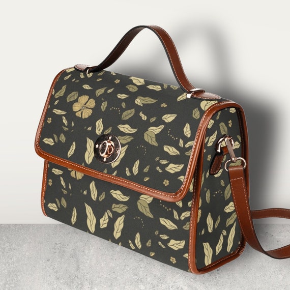 Cottagecore Green Leaves Canvas Satchel bag, Cute women boho crossed body purse, cute vegan leather strap hand bag, hippies boho gift