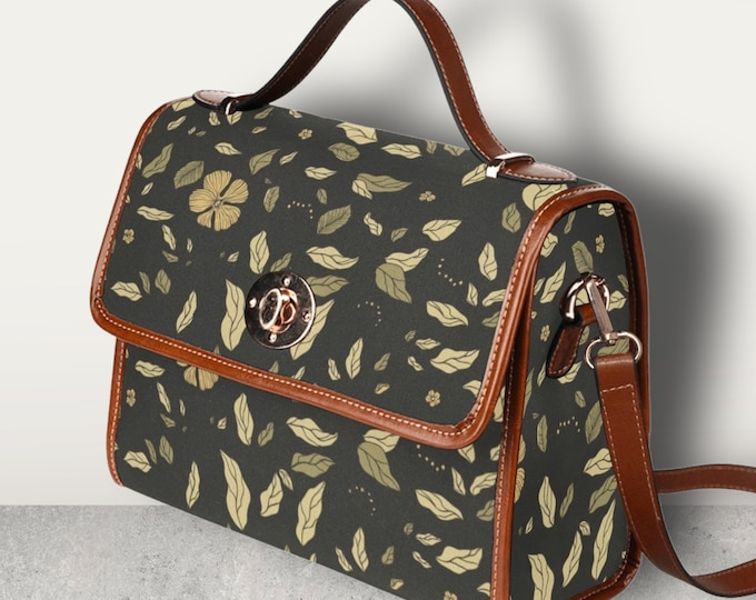 Cottagecore Green Leaves Canvas Satchel bag, Cute women boho crossed body purse, cute vegan leather strap hand bag, hippies boho gift