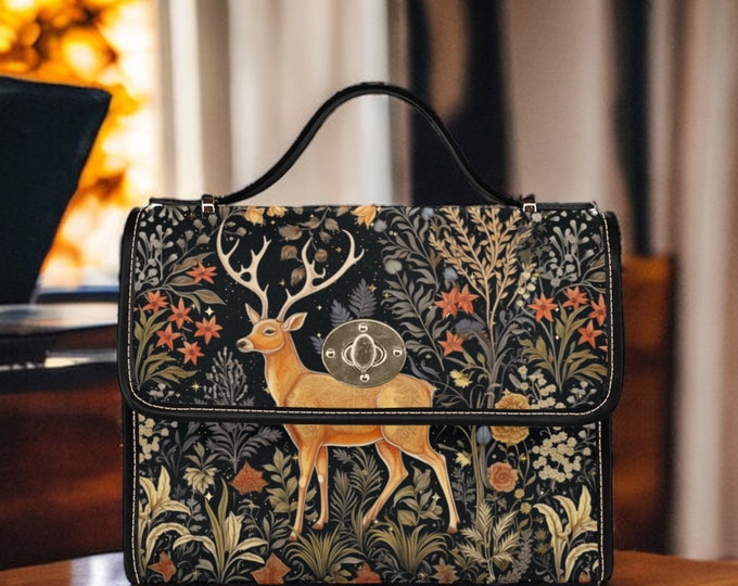 Cottagecore nature forest Canvas Satchel bag, Cute women mushroom deer crossbody purse, cute pu leather strap hand bag, hippies boho gift