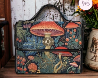 Retro Mushroom Forest Canvas Satchel bag, Cottagecore forestcore crossbody purse, cute vegan leather strap goth bag, hippies boho gift Xmas