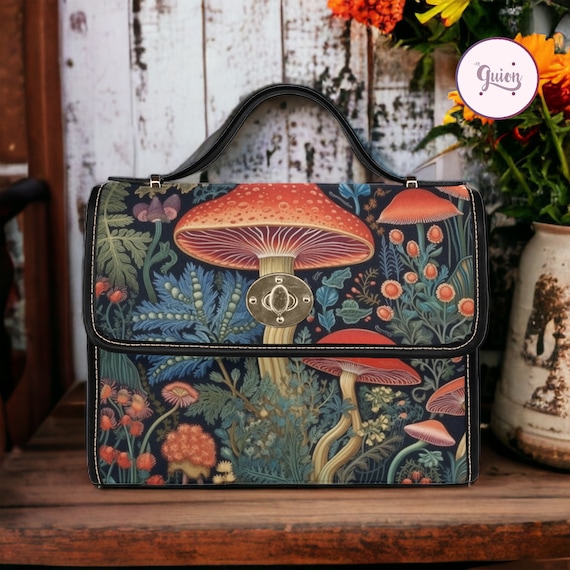 Retro Mushroom Forest Canvas Satchel bag, Cottagecore forestcore crossbody purse, cute vegan leather strap goth bag, hippies boho gift Xmas