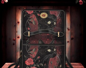 Black Cat and Red Roses Canvas Satchel Bag, Witchy Black Cat