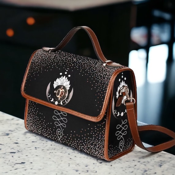 Cottagecore witch Moon Phases and Lotus flower Canvas Satchel bag, Cute moon phases crossed body purse, vegan leather bag, hippies boho gift