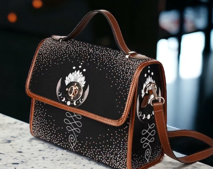 Cottagecore witch Moon Phases and Lotus flower Canvas Satchel bag, Cute moon phases crossed body purse, vegan leather bag, hippies boho gift