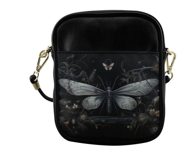 Dark Moth Witchy Sling Bag, Cottagecore Leather Sling bag, Goth Crossbody Bag, Cottagecore Shoulder Boho Purse, Goth Streetwear Gift