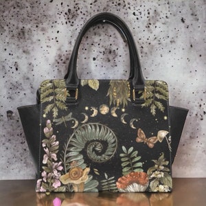 Moon phases botanical fern shoulder bag, Cute women mushroom handbag goth purse, cute vegan leather hand bag goth bag, hippies boho gift