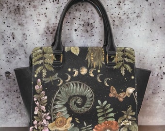 Moon phases botanical fern shoulder bag, Cute women mushroom handbag goth purse, cute vegan leather hand bag goth bag, hippies boho gift