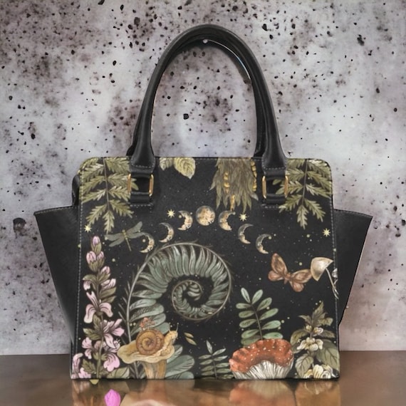 Moon phases botanical fern shoulder bag, Cute women mushroom handbag goth purse, cute vegan leather hand bag goth bag, hippies boho gift