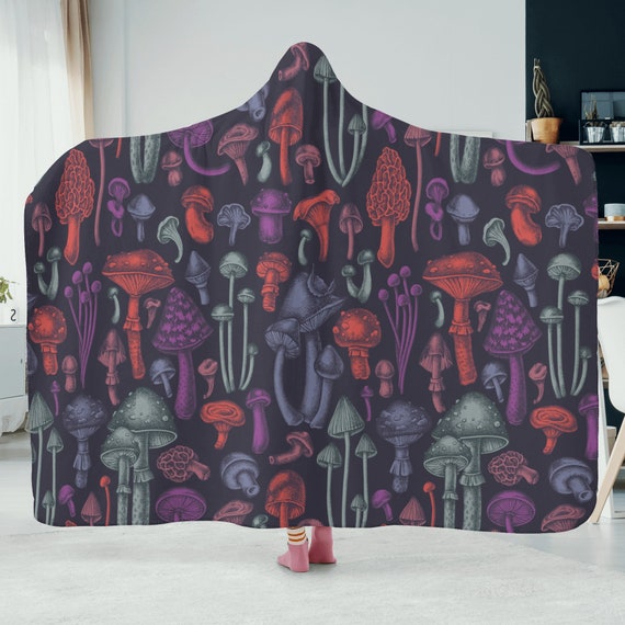 Purple Magic Mushroom Print Hooded Blanket, Witchy Mushroom Blanket, Festival Blanket, Mushroom Hooded Blanket for Traveler and Camper Gift