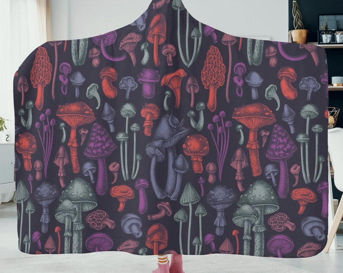 Purple Magic Mushroom Print Hooded Blanket, Witchy Mushroom Blanket, Festival Blanket, Mushroom Hooded Blanket for Traveler and Camper Gift