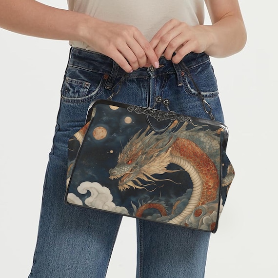 Mystical Dragon Fantasy Kisslock Bag - Vegan Leather Anime Kisslock Purse, Witchy Crossed body shoulder bag, Cottagecore purse, goth bag