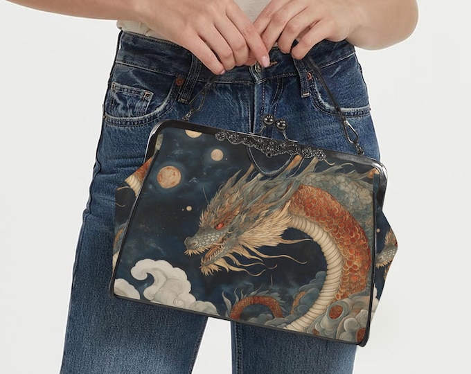 Mystical Dragon Fantasy Kisslock Bag - Vegan Leather Anime Kisslock Purse, Witchy Crossed body shoulder bag, Cottagecore purse, goth bag