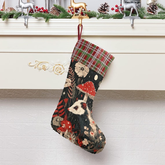 Cute Opossum Animal Sequin Stocking, Perfect for stuffing Santa's Gifts, Forest Fireplace Decor, Boho Animal Christmas, Holliday gift idea