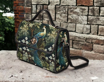 Cottagecore Floral Peacock Canvas Satchel Bag, Vegan Leather Strap