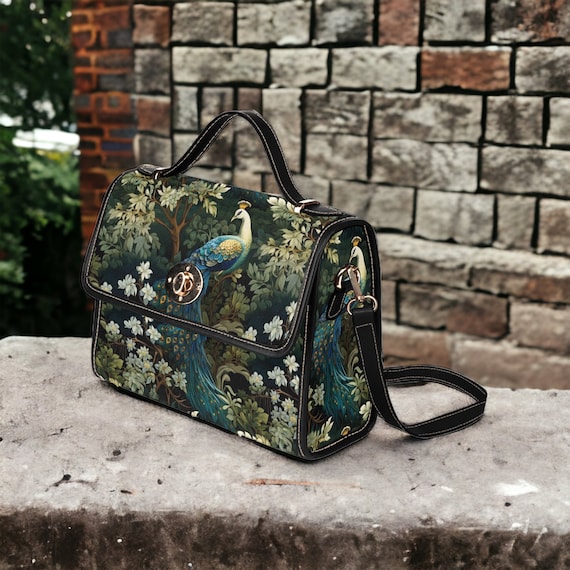 Cottagecore Floral Peacock Cute Canvas Satchel Bag, Vegan Leather Strap Cottagecore Canvas Bag, Boho Hippies Gift, Valentine's day Gift Bag
