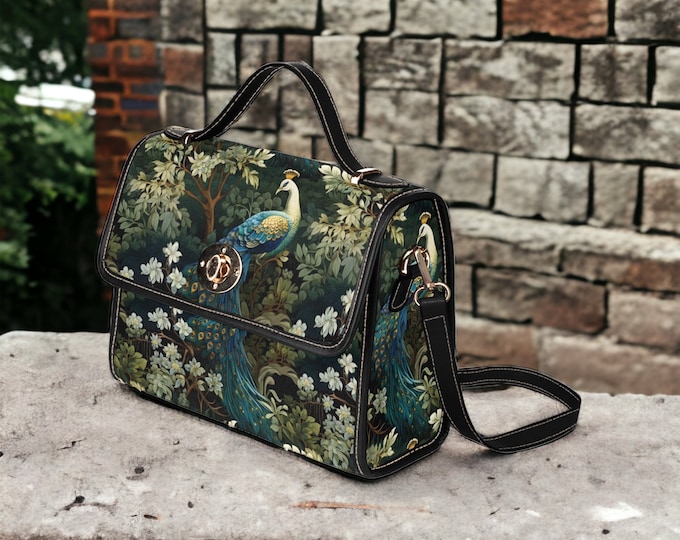 Cottagecore Floral Peacock Cute Canvas Satchel Bag, Vegan Leather Strap Cottagecore Canvas Bag, Boho Hippies Gift, Valentine's day Gift Bag