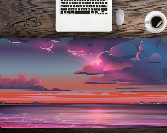 Sunset Sea LArge Purple Desk Mat, Extra Large Desk Mat, Large Gaming Mouse Pad, Extended Mouse Pad, Gaming Keyboard Mat
