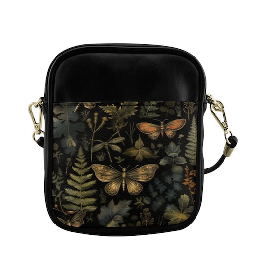 Dark Fern Forest Sling Bag, Leather Sling Crossbody Bag, Cottagecore Shoulder Forest Purse, Wildflowers Leather Sling bag, Boho Hippies Gift