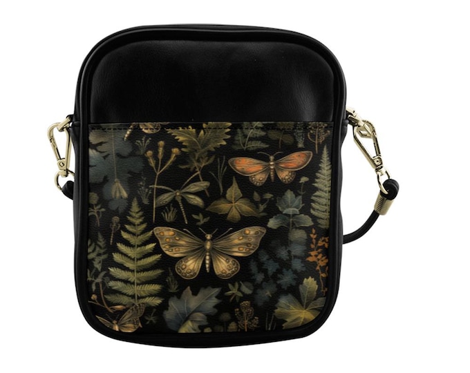 Dark Fern Forest Sling Bag, Leather Sling Crossbody Bag, Cottagecore Shoulder Forest Purse, Wildflowers Leather Sling bag, Boho Hippies Gift