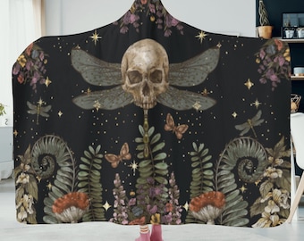 Dark witchy Skull Hooded Blanket, soft Cottagecore blanket goth moth, blanket for fall, black witchy skull hooded cloak, boho hippies gift