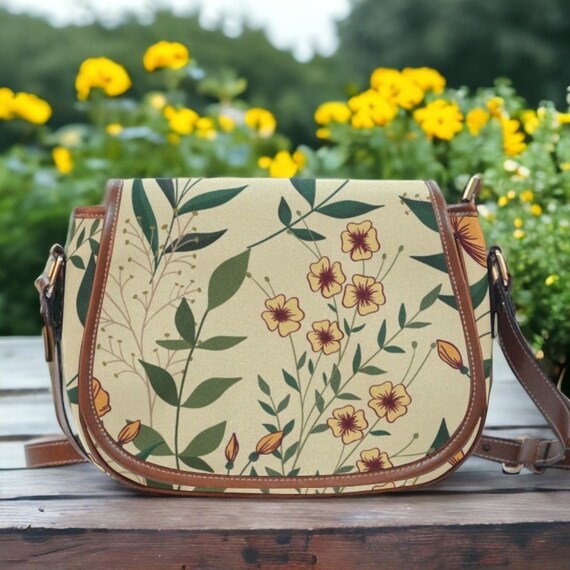 Cottagecore olive green floral Vegan leather strap saddle bag green purse for women, crossed body shoulder bag, bag matching with your dress