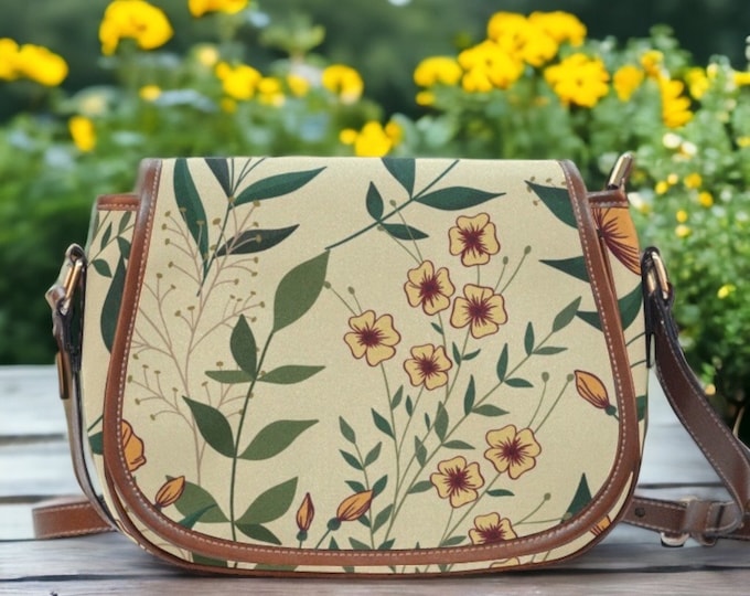 Cottagecore olive green floral Vegan leather strap saddle bag green purse for women, crossed body shoulder bag, bag matching with your dress