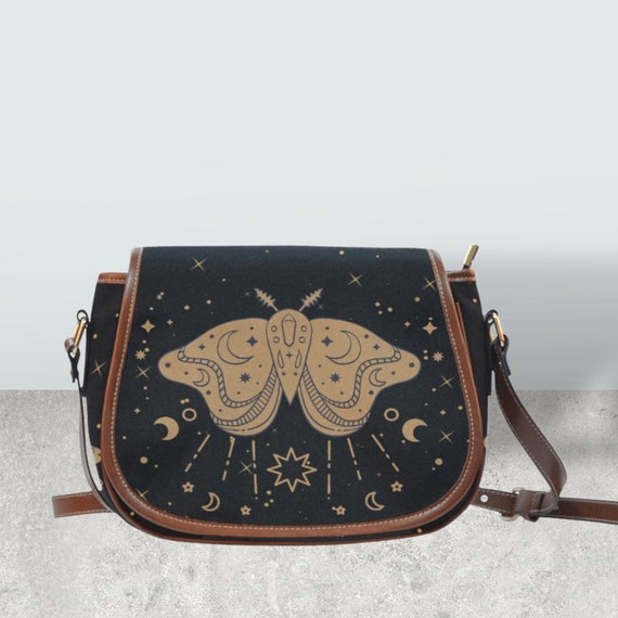 Cottagecore witchy moth Saddle bag, Cute women celestial moon phases crossed body purse, cute vegan leather goth moth bag, hippies boho gift
