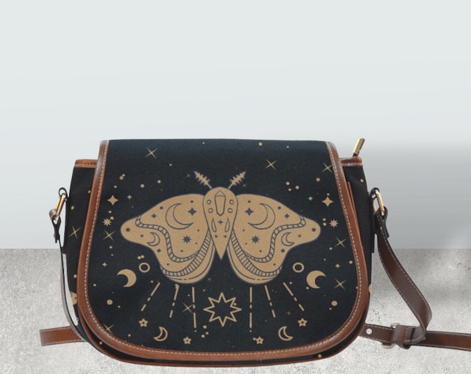 Cottagecore witchy moth Saddle bag, Cute women celestial moon phases crossed body purse, cute vegan leather goth moth bag, hippies boho gift