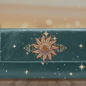 Cartera de mano con diseño de sol místico y estrellas, cartera gótica de bruja, cartera vegana de piel sintética, cartera bohemia verde para mujer, organizador de cartera, cartera larga.