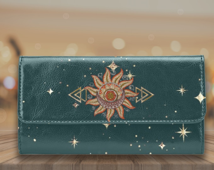 mystical sun starry clutch wallet, Witchy Goth wallet Vegan PU Leather wallet, green witch Boho women Wallet organizer Long wallet purse