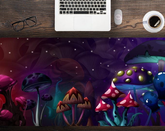 Fantasy Mushroom World KAwaii Desk Mat, LArge Gaming Desk Mat with Hemmed Edge, Extra LArge Mouse Pad Gaming, MAgic Mushroom Desk MAt