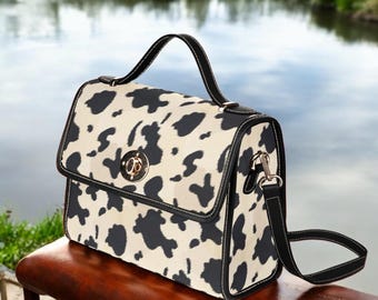 Brown Cow Print Boho Canvas Satchel bag, Cottagecore pu leather crossbody purse, cute vegan leather strap goth bag, hippies boho gift