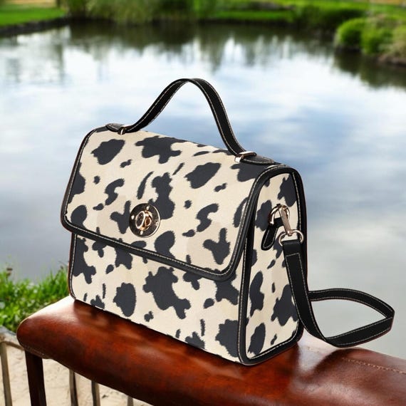 Brown Cow Print Boho Canvas Satchel bag, Cottagecore pu leather crossbody purse, cute vegan leather strap goth bag, hippies boho gift