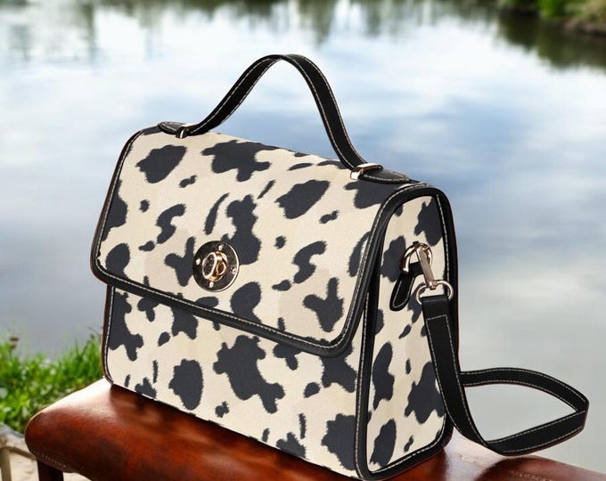 Brown Cow Print Boho Canvas Satchel bag, Cottagecore pu leather crossbody purse, cute vegan leather strap goth bag, hippies boho gift