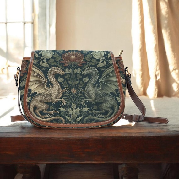 Boho Dragons Green Saddle Bag, Botanical Art Crossbody Saddle Bag, Boho Vintage Style Handbag, Cottagecore Boho Hippies Gift Handbag