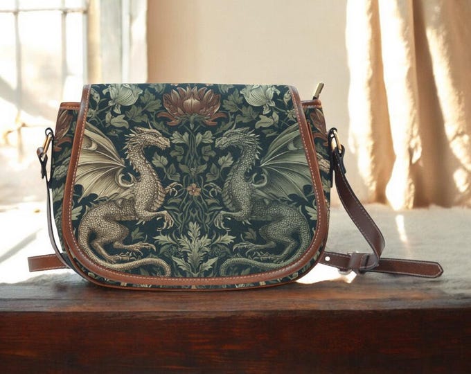 Boho Dragons Green Saddle Bag, Botanical Art Crossbody Saddle Bag, Boho Vintage Style Handbag, Cottagecore Boho Hippies Gift Handbag